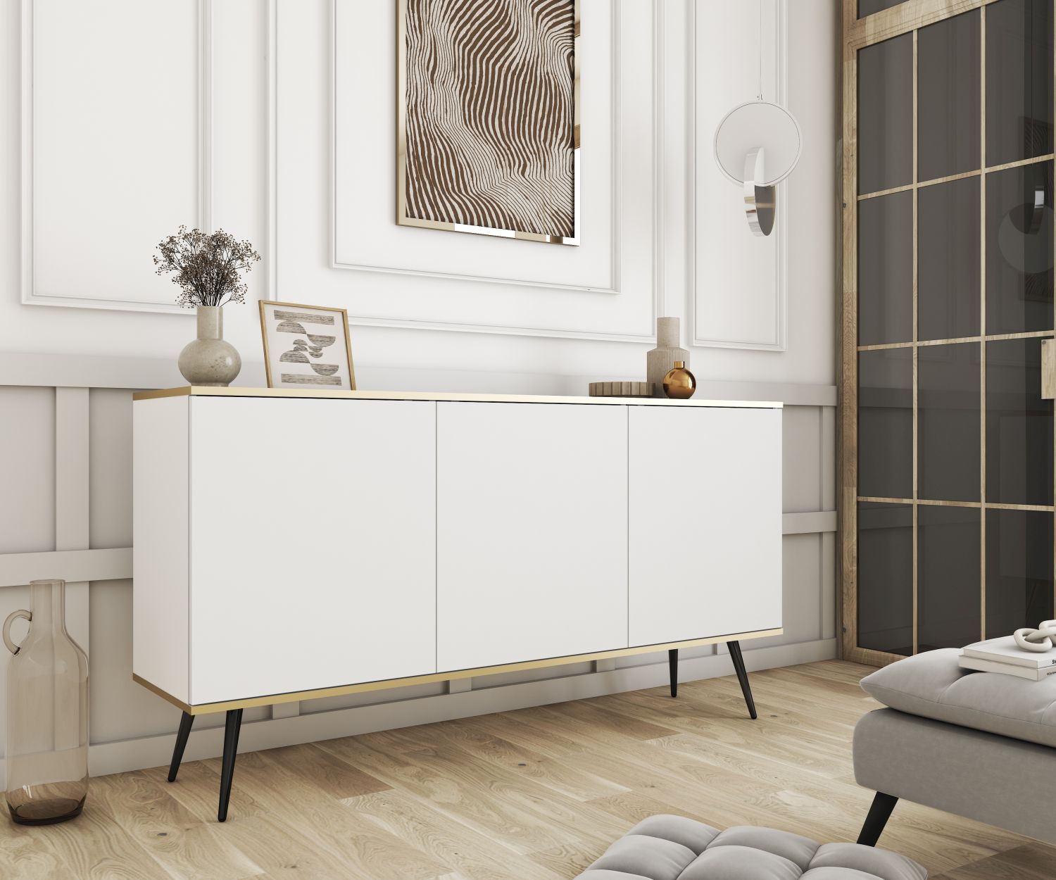 Μπουφές Oro λευκό με μαύρα πόδια 160x85x39cm - Image 3
