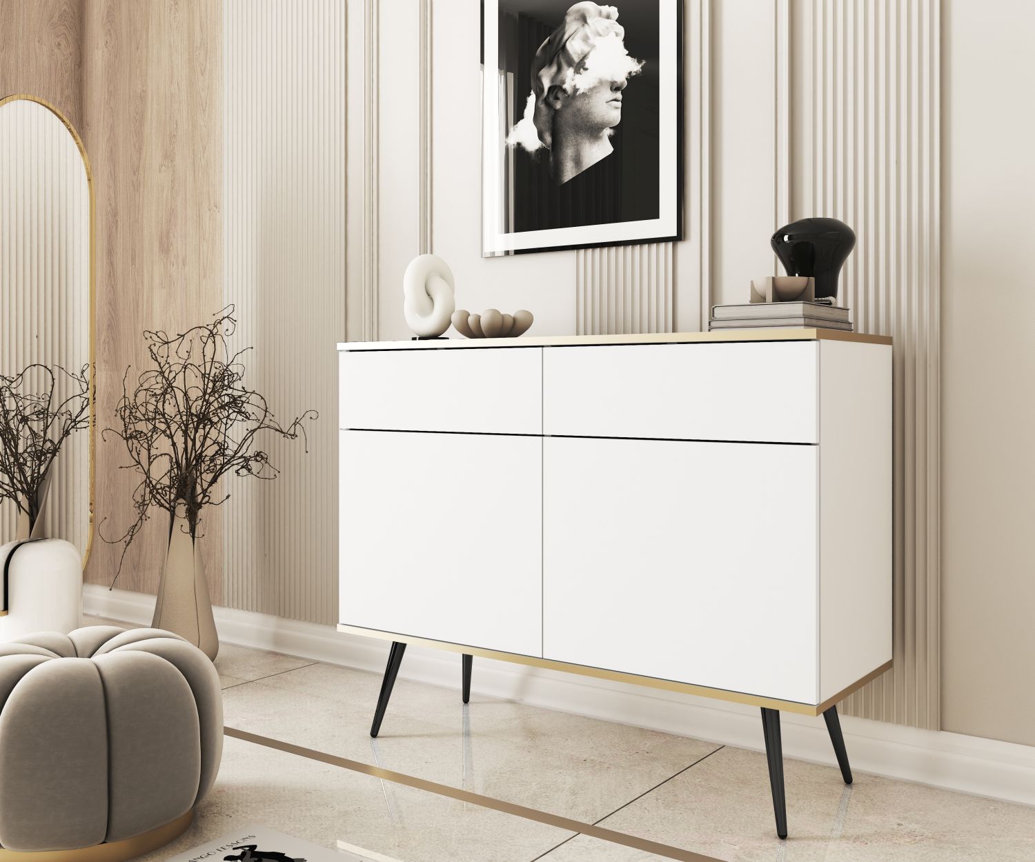 Μπουφές Oro λευκό με μαύρα πόδια 107x85x39cm - Image 5
