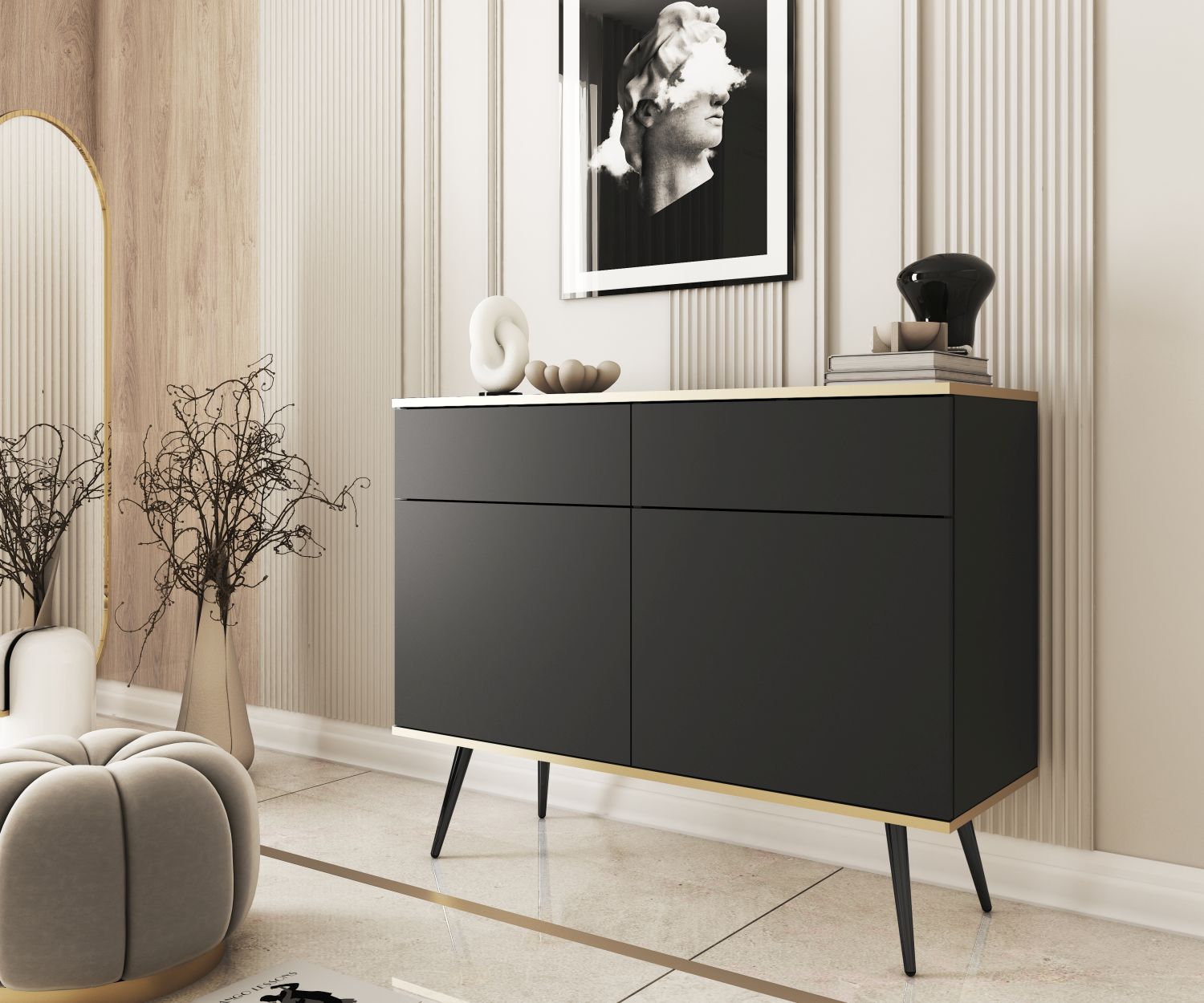 Μπουφές Oro Ανθρακί με μαύρα πόδια 107x85x39cm - Image 2