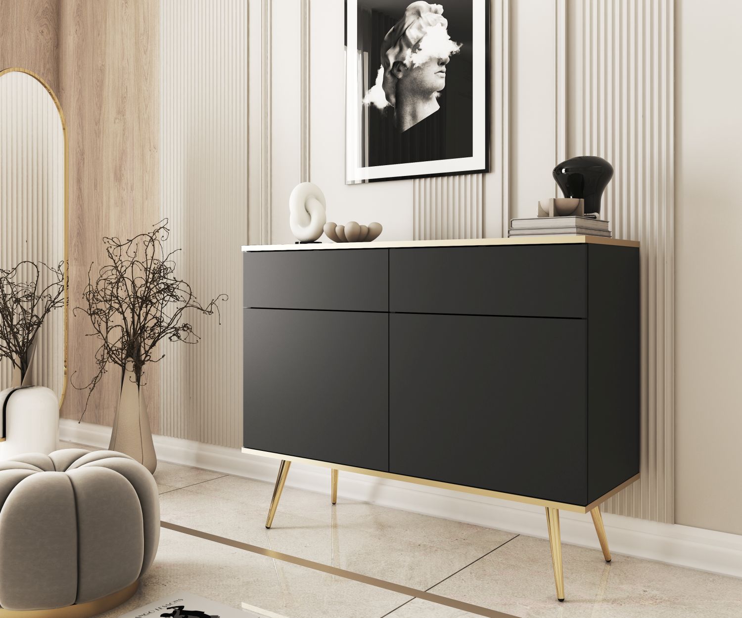 Μπουφές Oro Ανθρακί με χρυσά πόδια 107x85x39cm - Image 2