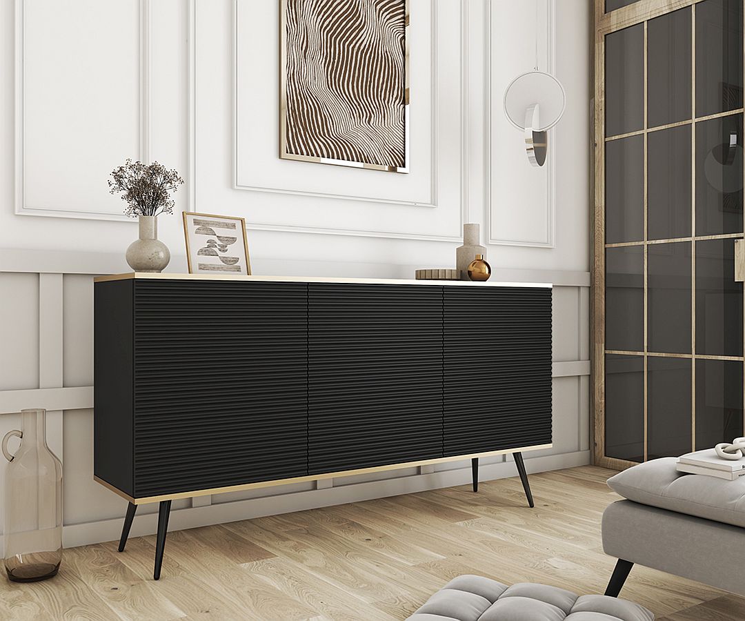 Μπουφές Oro MDF Ανθρακί με μαύρα πόδια 160x85x39cm - Image 2